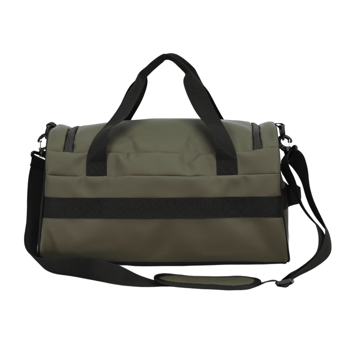 back view of duffle bag with black trolley sleeve