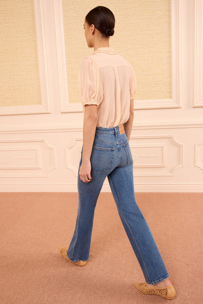 Blush Silk Adira Blouse - Back View On Model Walking | Ulla Johnson
