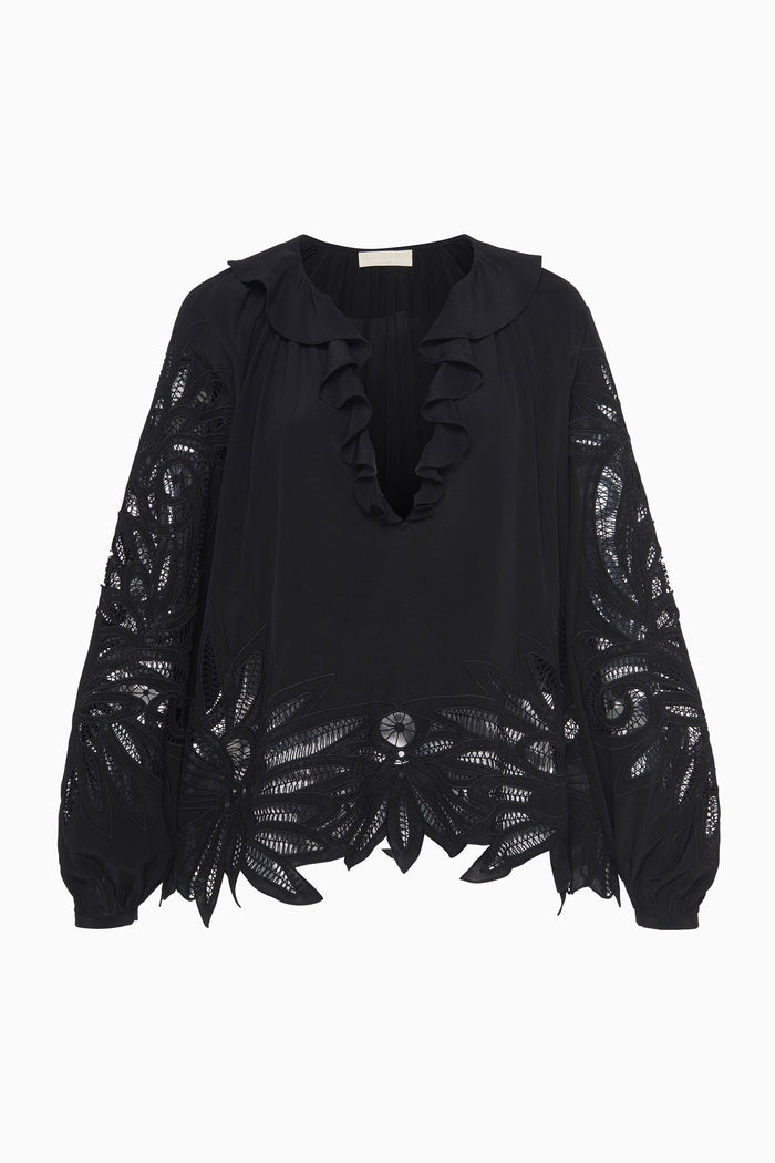 Black Silk Applique Blouse with Ruffled Neckline - Flat Lay | Ulla Johnson
