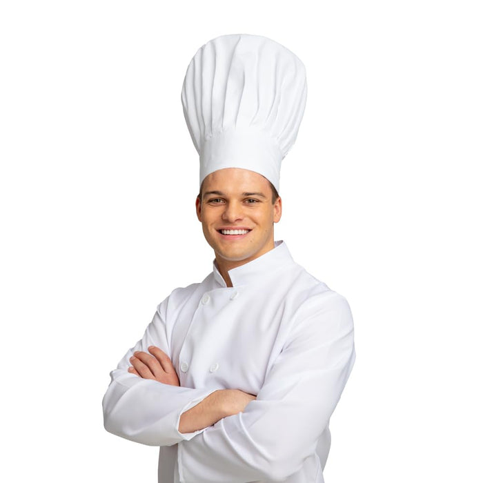 Chef wearing a traditional white chef's hat and coat on a white background