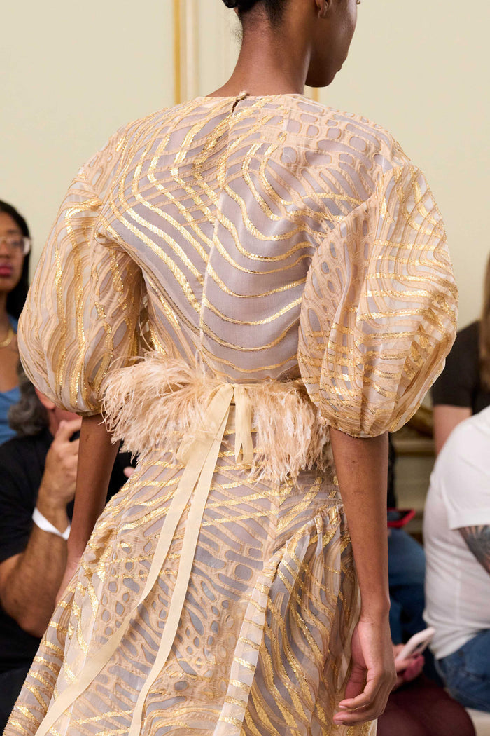 Gold Lurex Fil Coupé Organza Top - Runway Back Detail, Feather Trim at Waist | Ulla Johnson