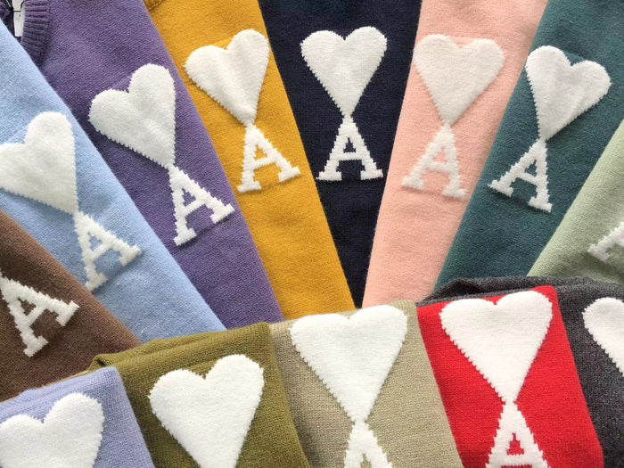 AMI Paris Maxi White Heart Knit Sweater Yellow