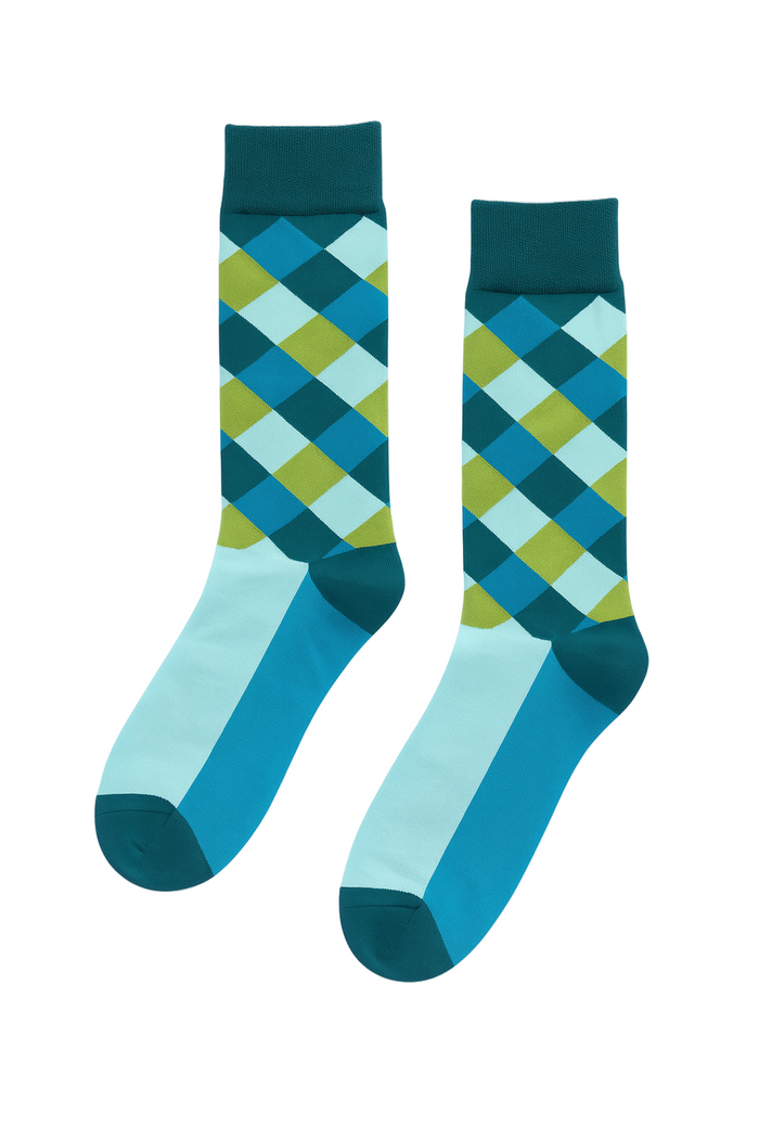 Argyle Pop socks styled view showing how blue, yellow, and teal argyle reads on foot