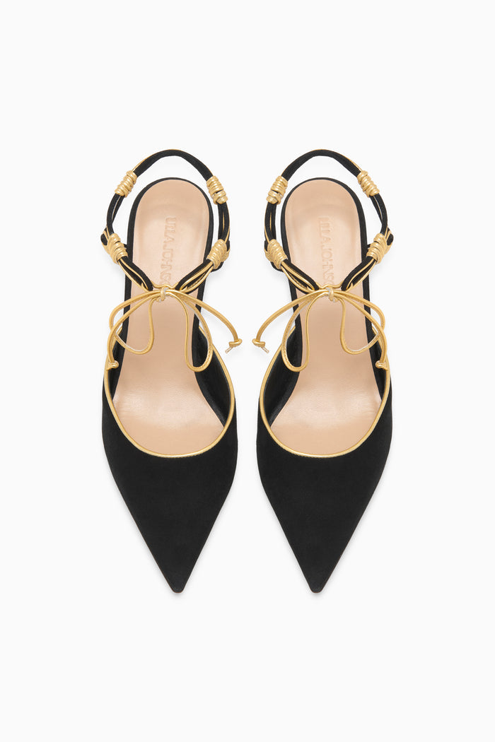 Black Suede & Gold Aris Designer Kitten Heel Pair - Top-Down View | Ulla Johnson