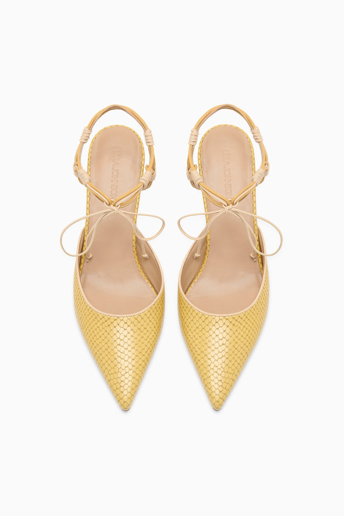 Lotus Yellow Luxury Strappy Kitten Heel Pair - Top View | Ulla Johnson