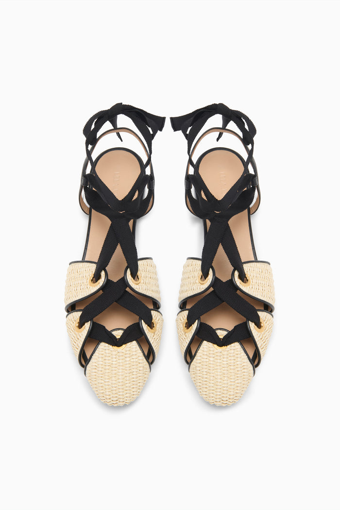Sand Raffia Luxury Eyelet Flats with Black Grosgrain Ties - Top View Pair | Ulla Johnson
