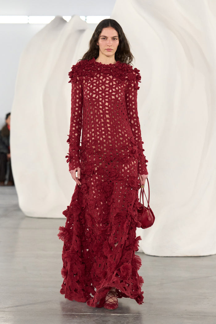 Astrid Crochet Dress with Embroidered Flowers - Cerise