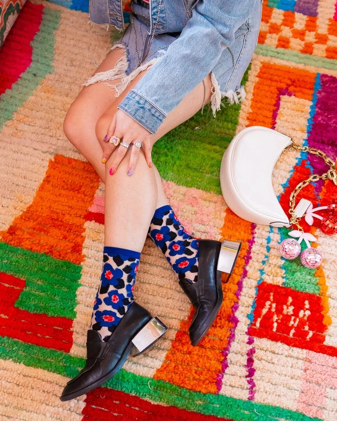 Blue Bold Floral Sheer Crew Sock