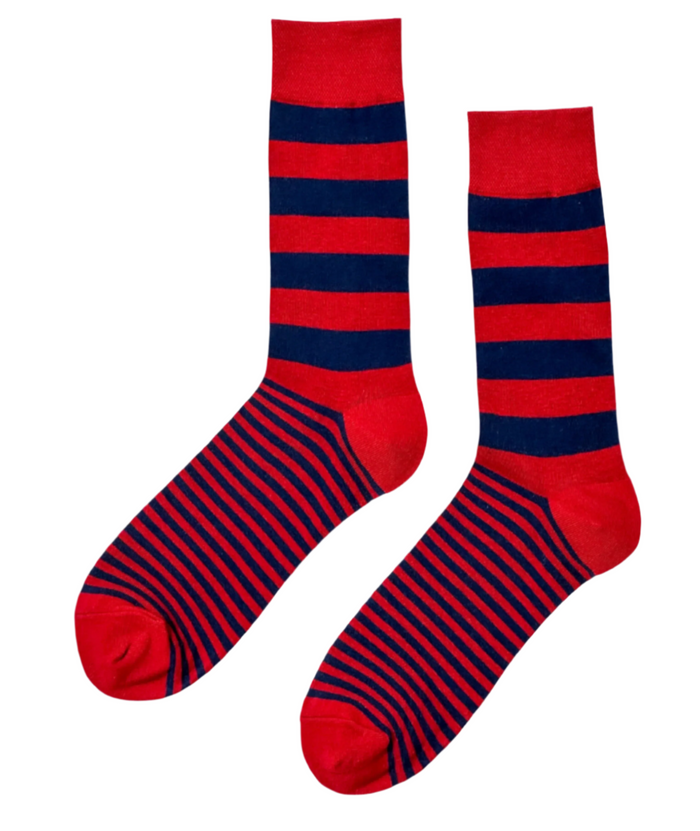 Bold Crimson socks close-up showing deep crimson color and stripe construction detail