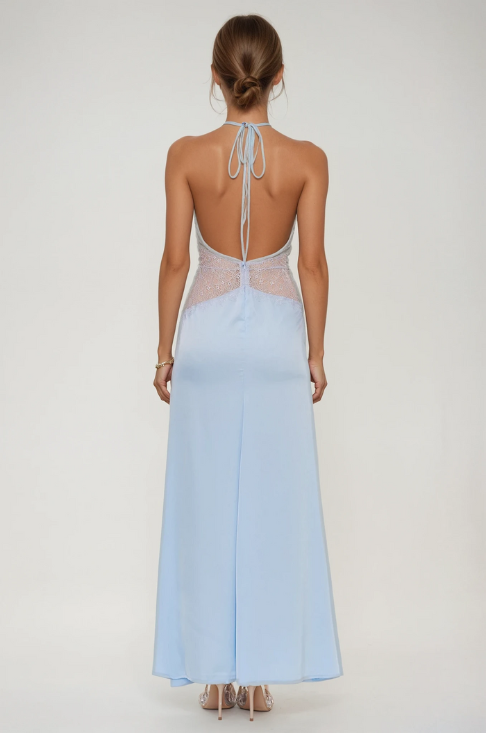 Bowie Lace Plunge Backless Maxi Dress In Blue