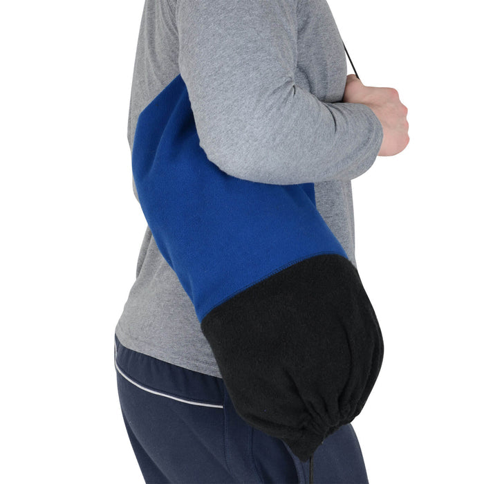 black and blue fleece hoods converts to a shoulder bag
