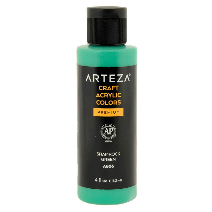 bottle of Arteza A606 Shamrock Green acrylic paint on a white background