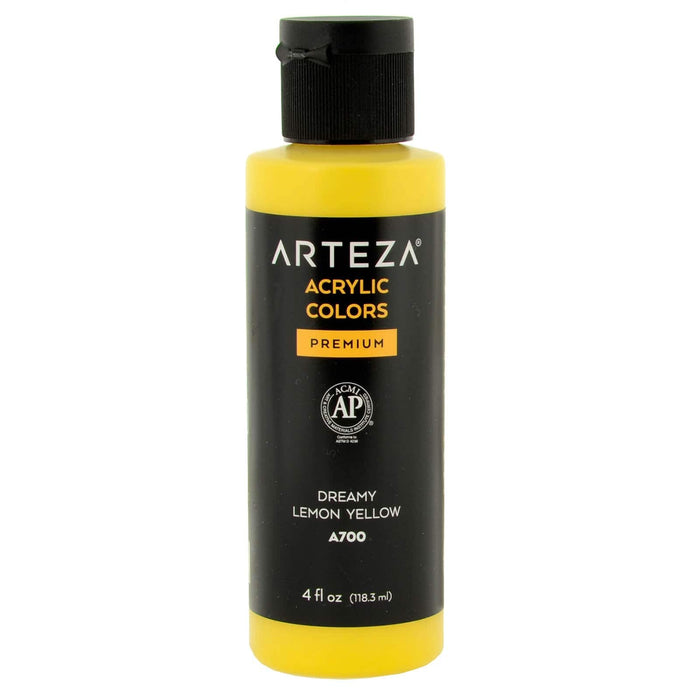 Bottle of A700 Dreamy Lemon Yellow acrylic paint on a white background