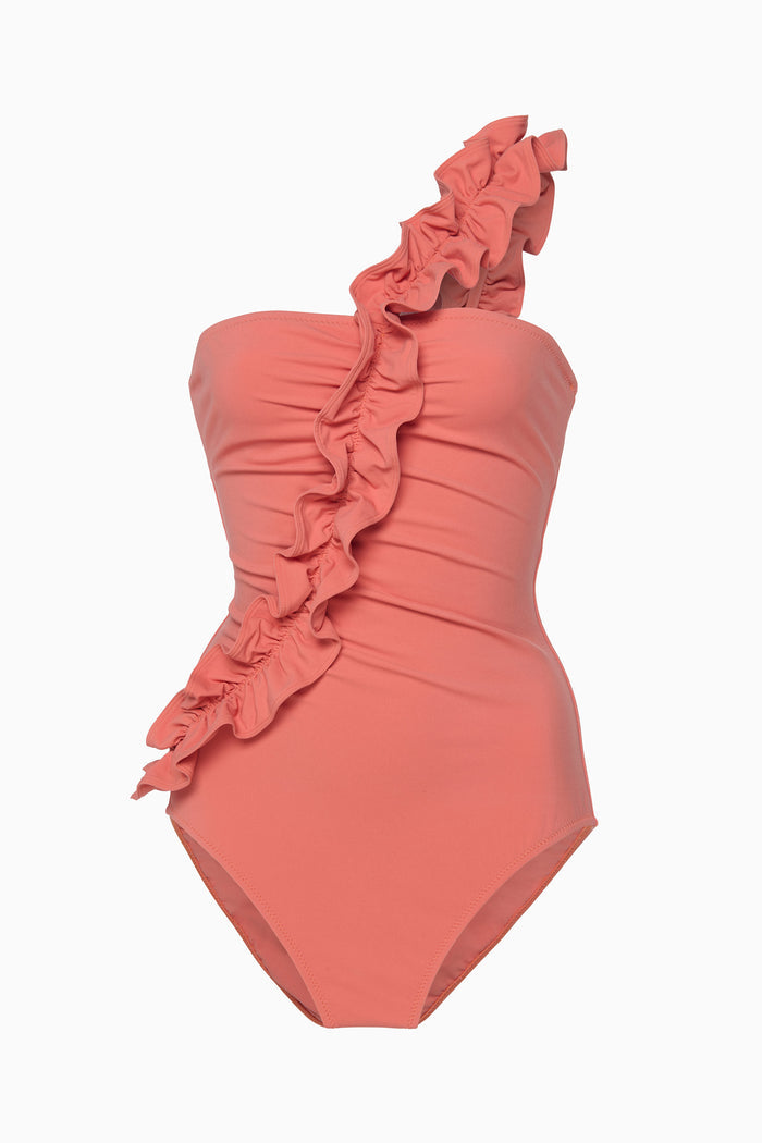 Coral Ruffle One-Shoulder Maillot - Flat Lay, Luxury One-Piece Swimsuit | Ulla Johnson