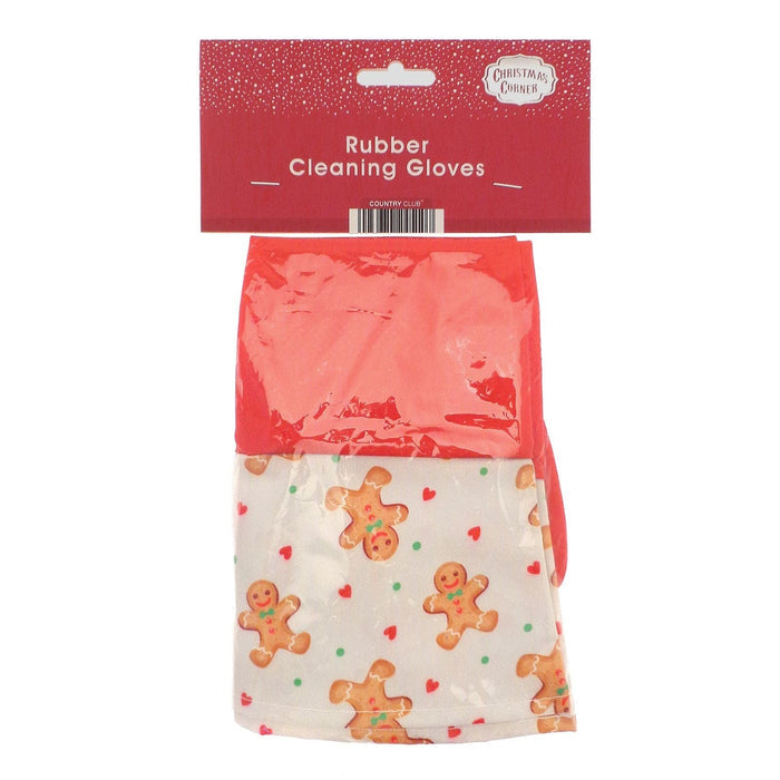 Packaged rubber cleaning gloves with gingerbread man design on a white background