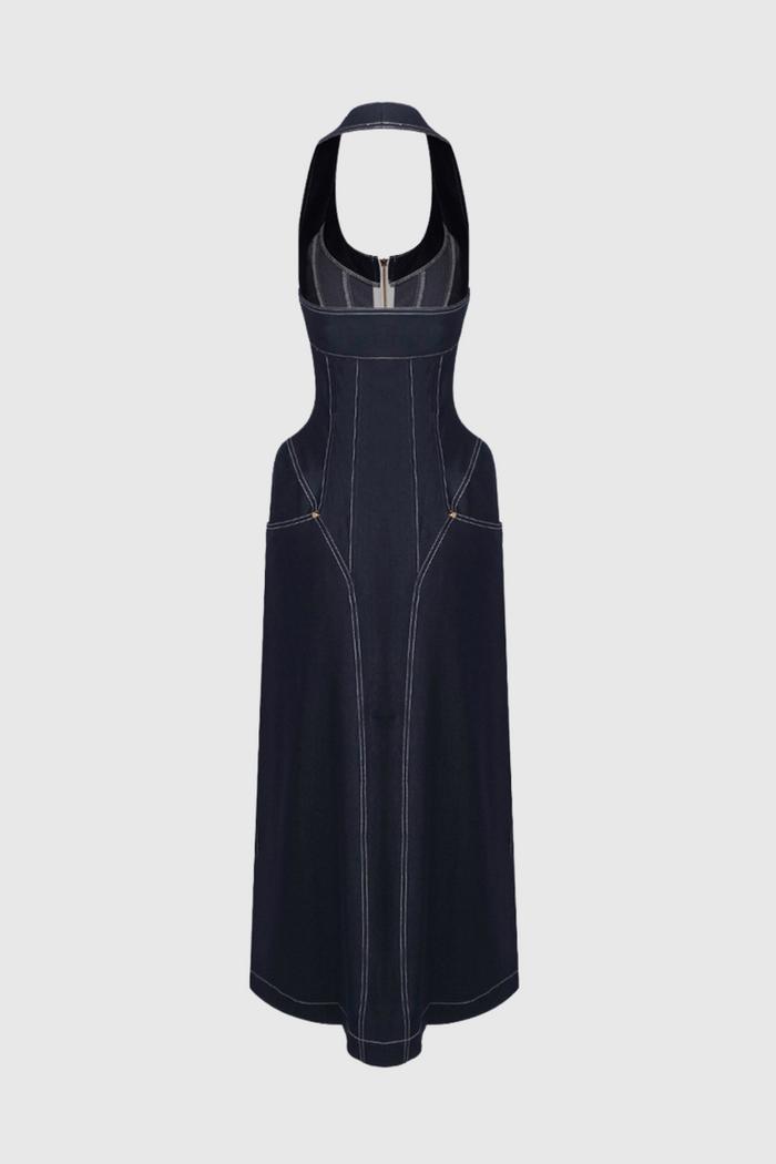 cirillo-halter-neck-corset-denim-maxi-dress