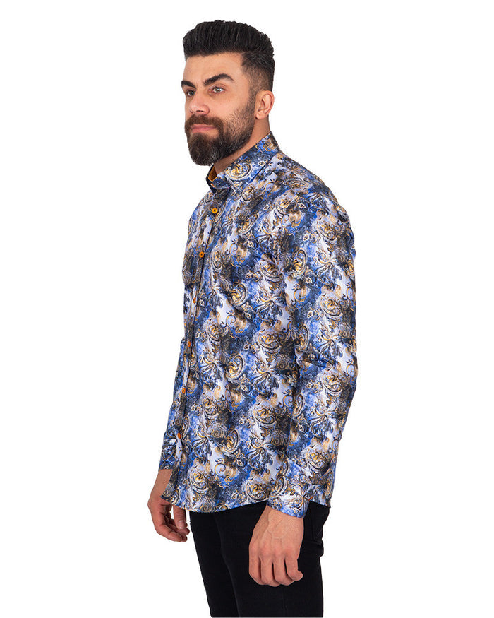 Dark Blue Paisley Print Pure Cotton Shirt-Makrom