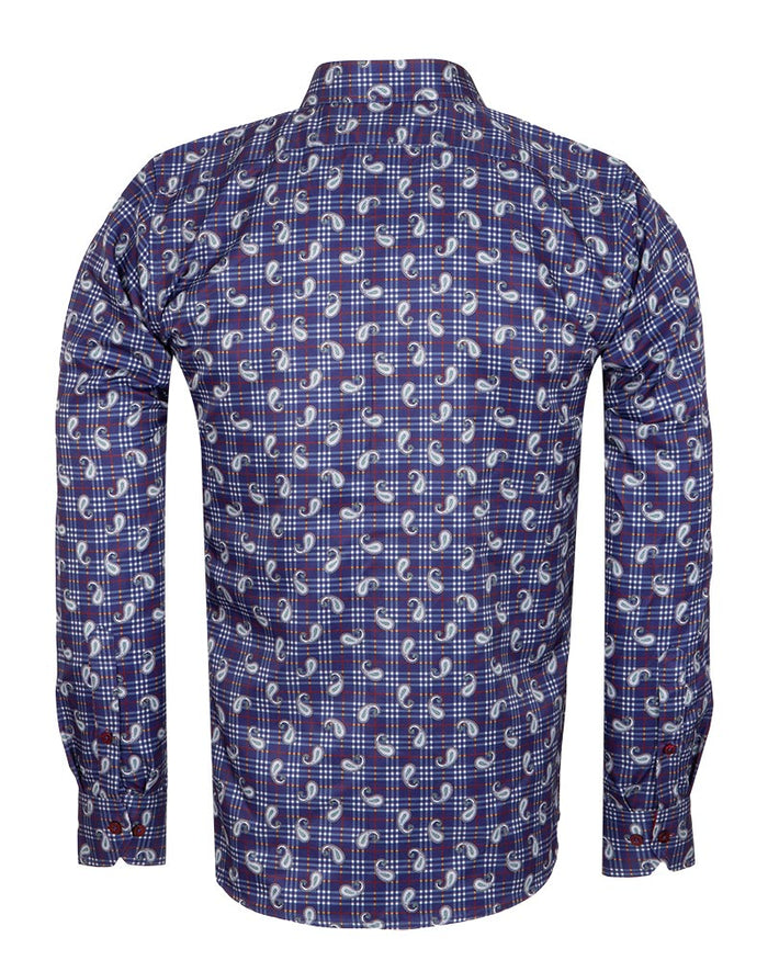 Dark Blue Plaid Tartan Paisley Print Shirt-Makrom
