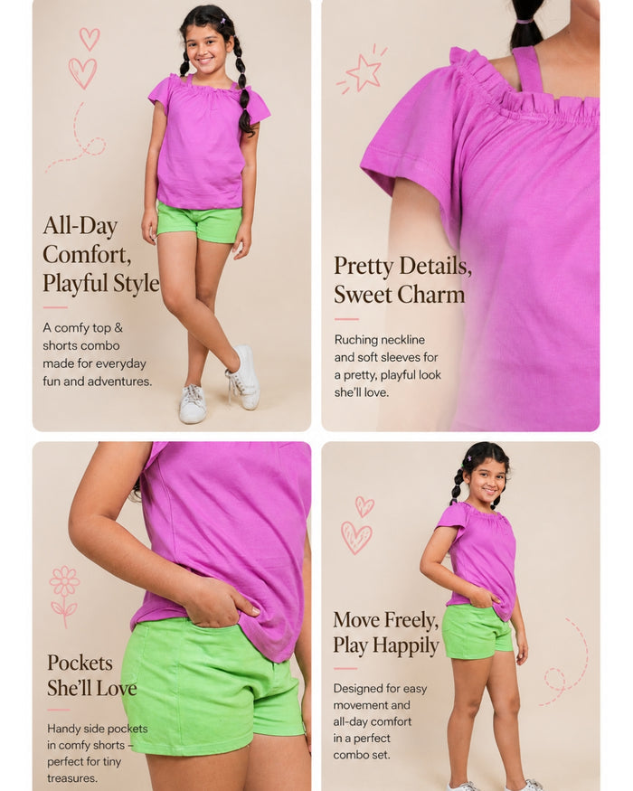 Denim Shorts and Top for Girls - Green Magenta