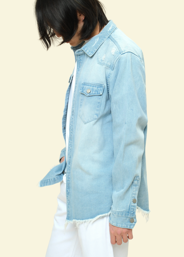 Distressed Denim Button Up Shirt Jacket Victorious