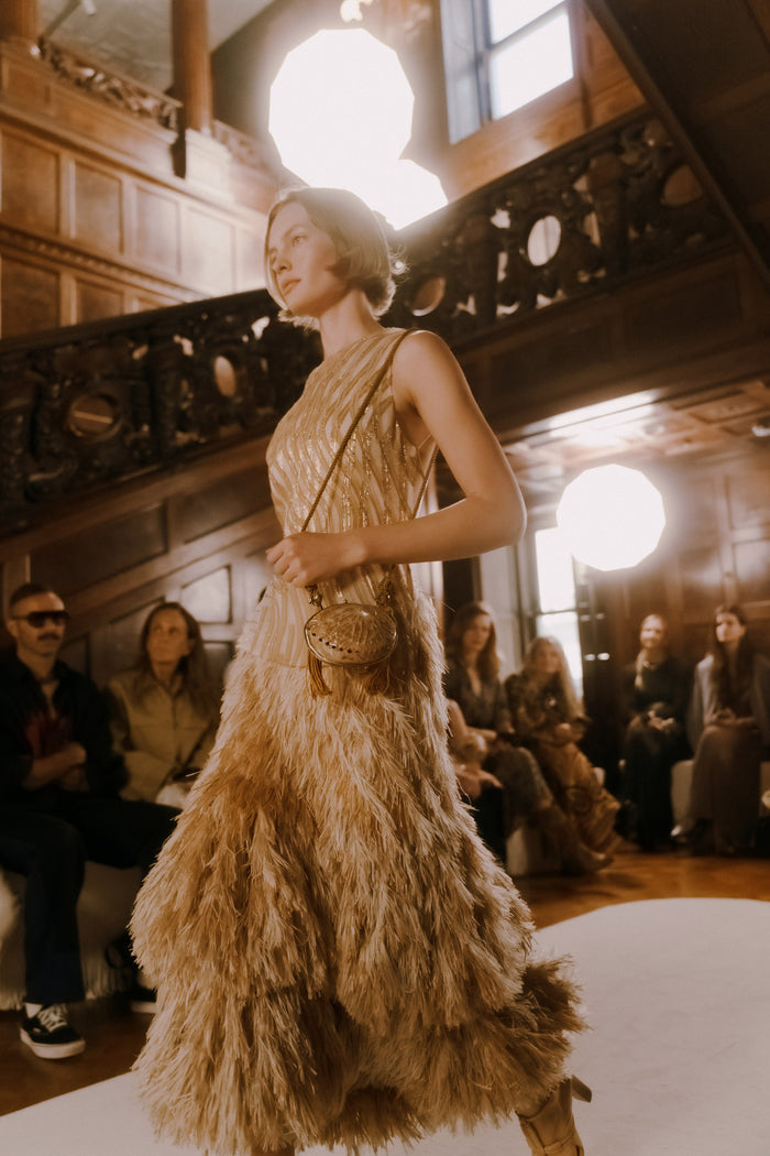 Gold Lurex Top with Feather Skirt - SS26 Runway Look 17, Luxury Designer Party Look | Ulla Johnson