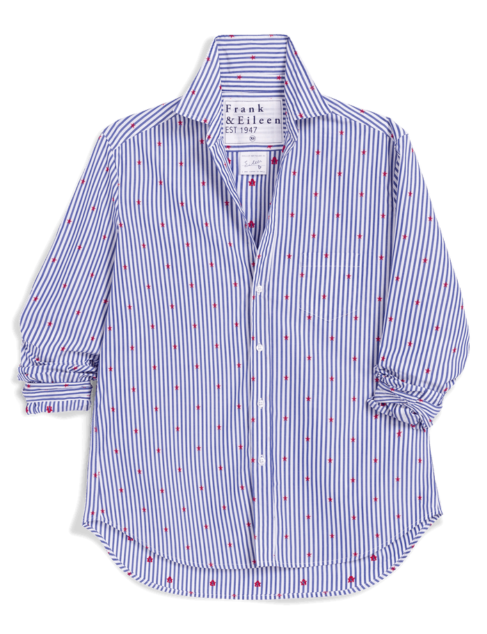 White shirt with blue stripes and red stars on a black background
