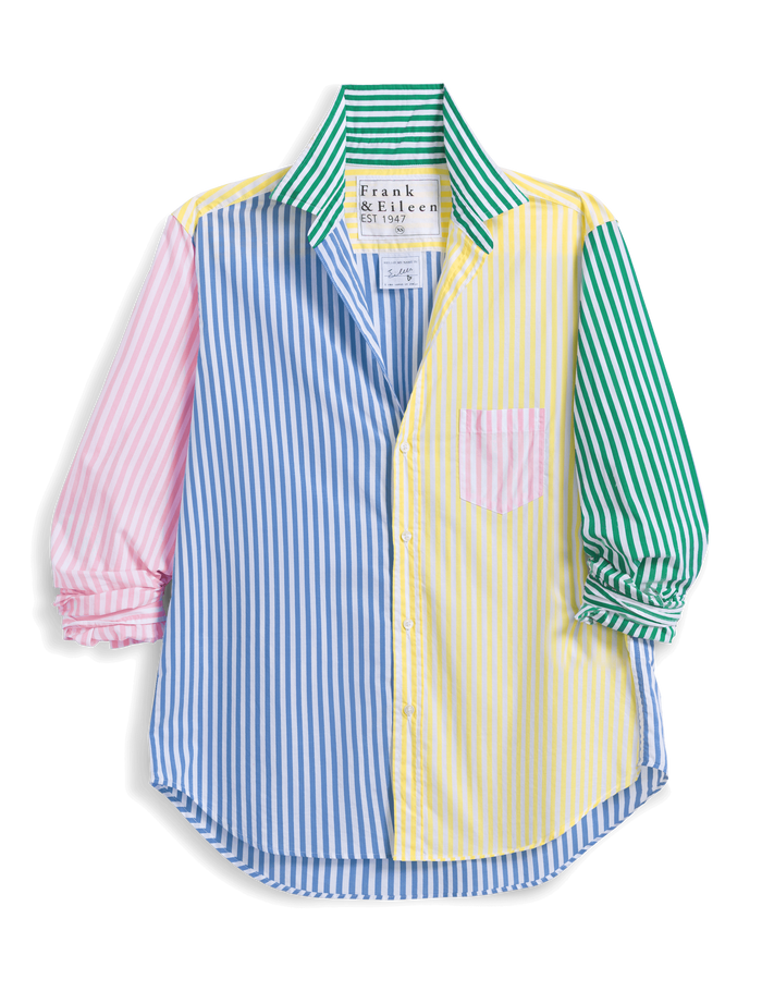 Color-blocked shirt with blue, pink, and green stripes on a white background
