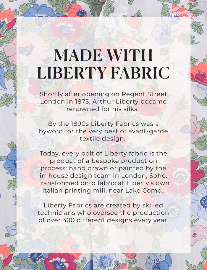 Text about Liberty Fabric with floral patterned background