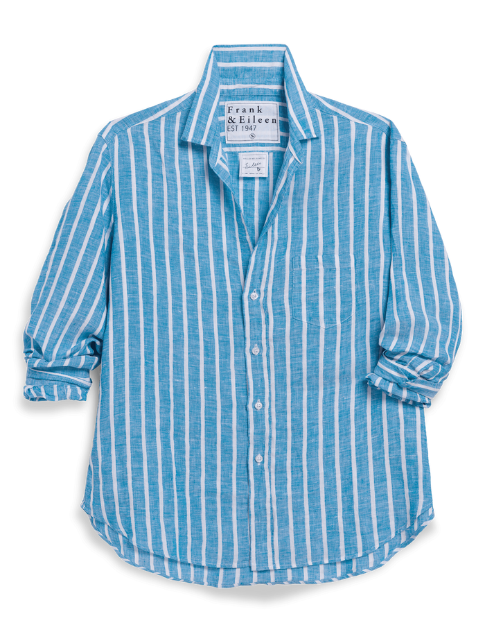 Blue and white striped shirt on a white background