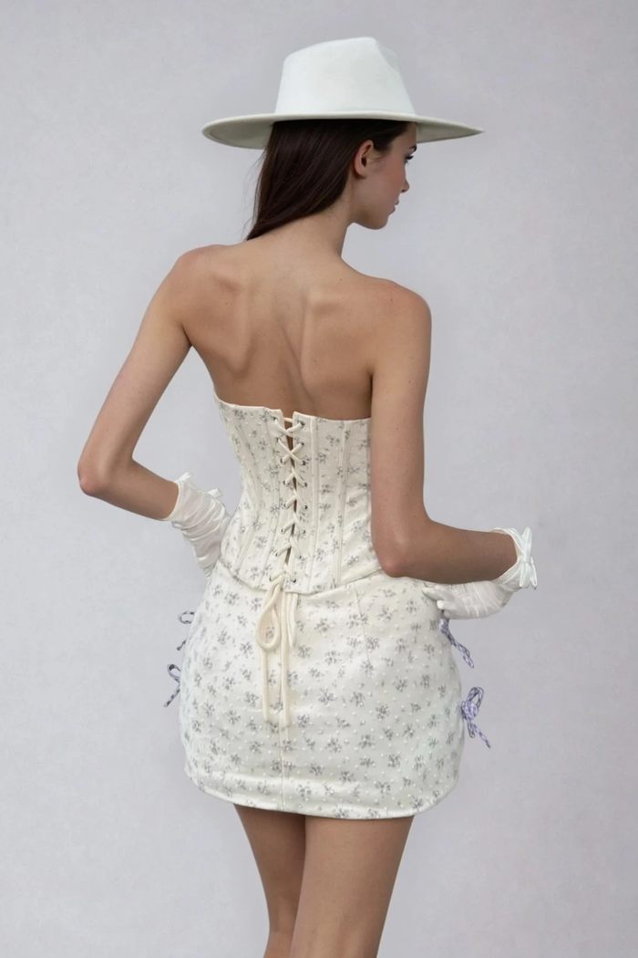 Fedelmid Strapless Floral Corset Skirt Set
