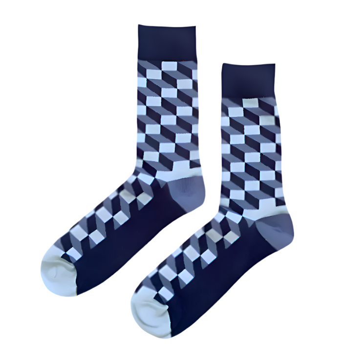 Funky Blues socks close-up showing blue geometric stripe construction and knit texture