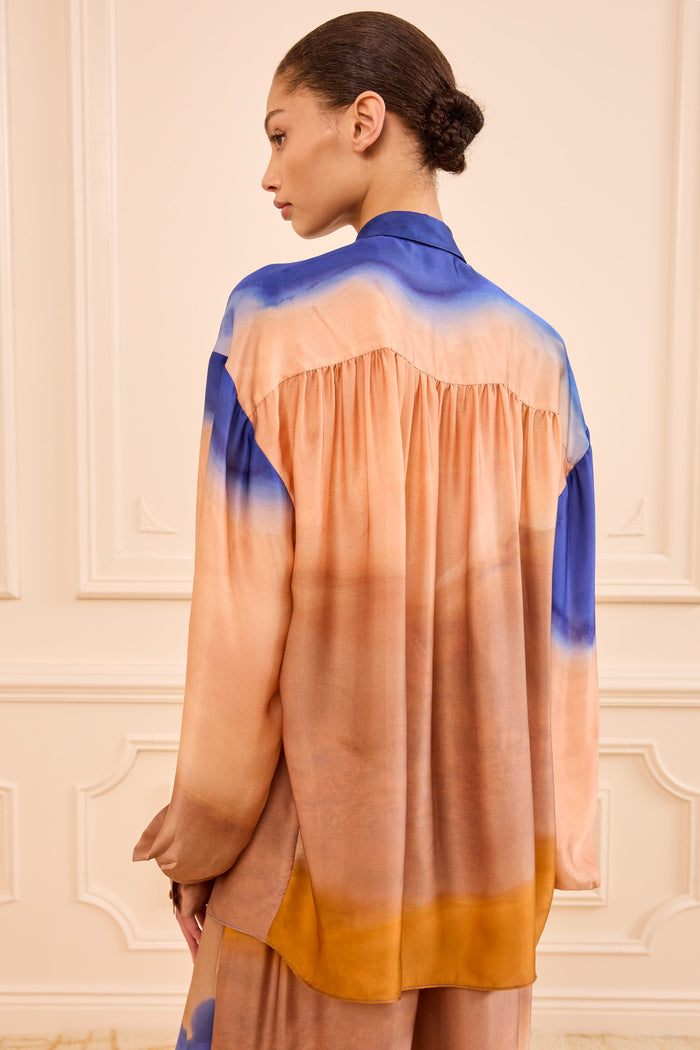 Moontide Silk Blouse - Back View Gathered Yoke Detail On Model | Ulla Johnson