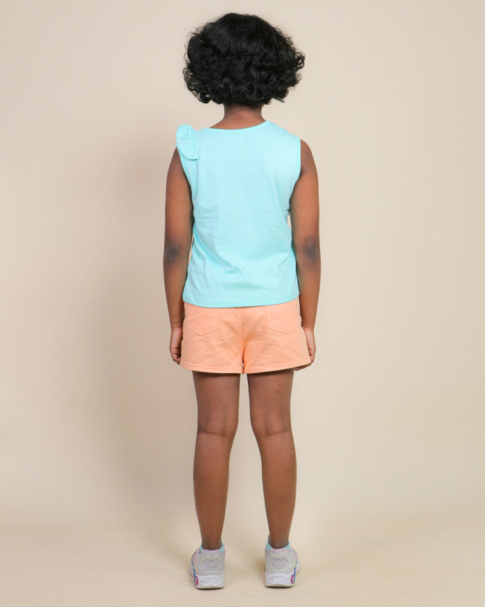 Kids Girls Summer Denim Shorts Top Set - Aqua Peach