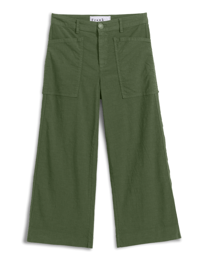 Olive green wide-leg cargo pants with a button closure and belt loops, displayed flat against a solid black background.