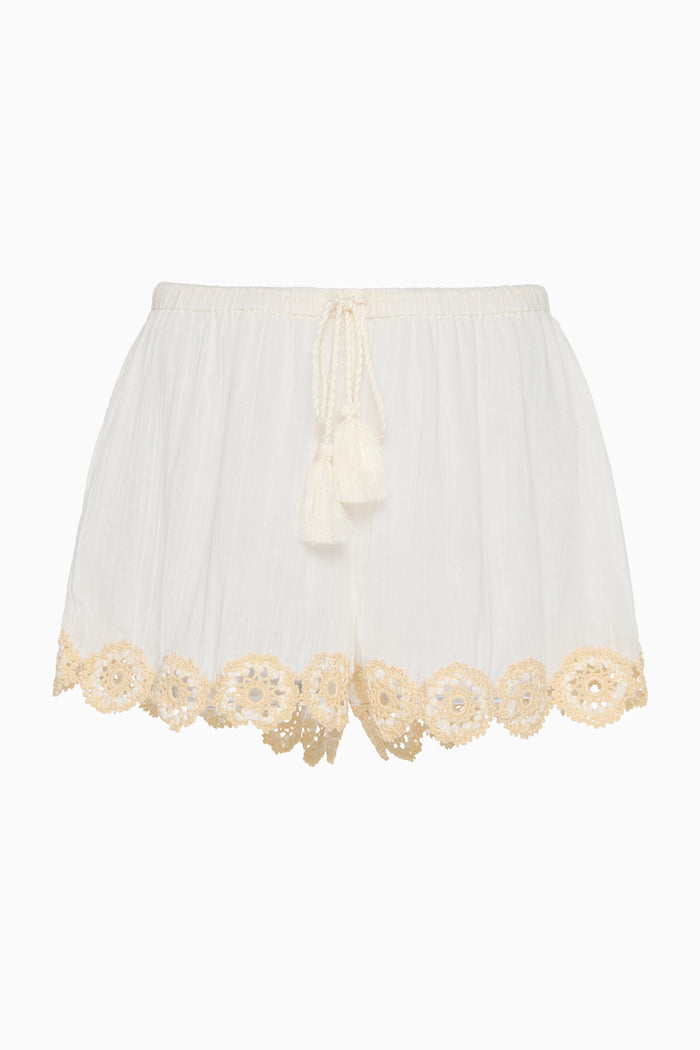 Creme Cotton Gauze Designer Coverup Short with Scalloped Crochet Trim - Flat Lay | Ulla Johnson