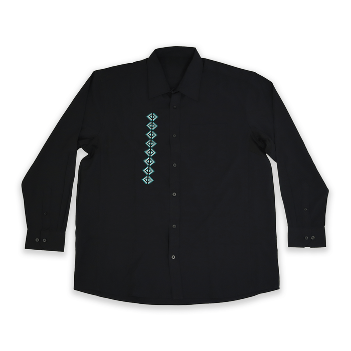Black Men’s Navajo embroidered dress shirt with white stitching front view