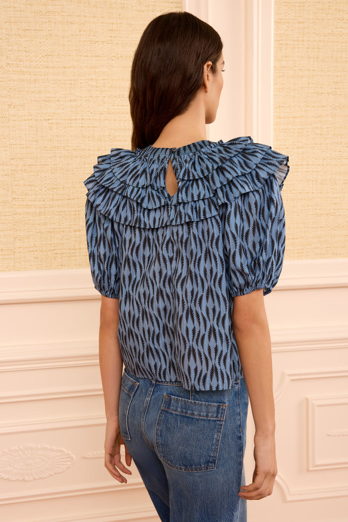 Tidal Blue Mira Top - Back View, Keyhole & Tiered Ruffle Collar Detail | Ulla Johnson