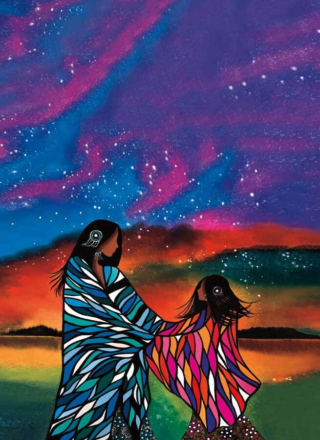 Stunning artwork on the Mother & Daughter Microfiber Tea Towel by Cree artist Berry Albert.