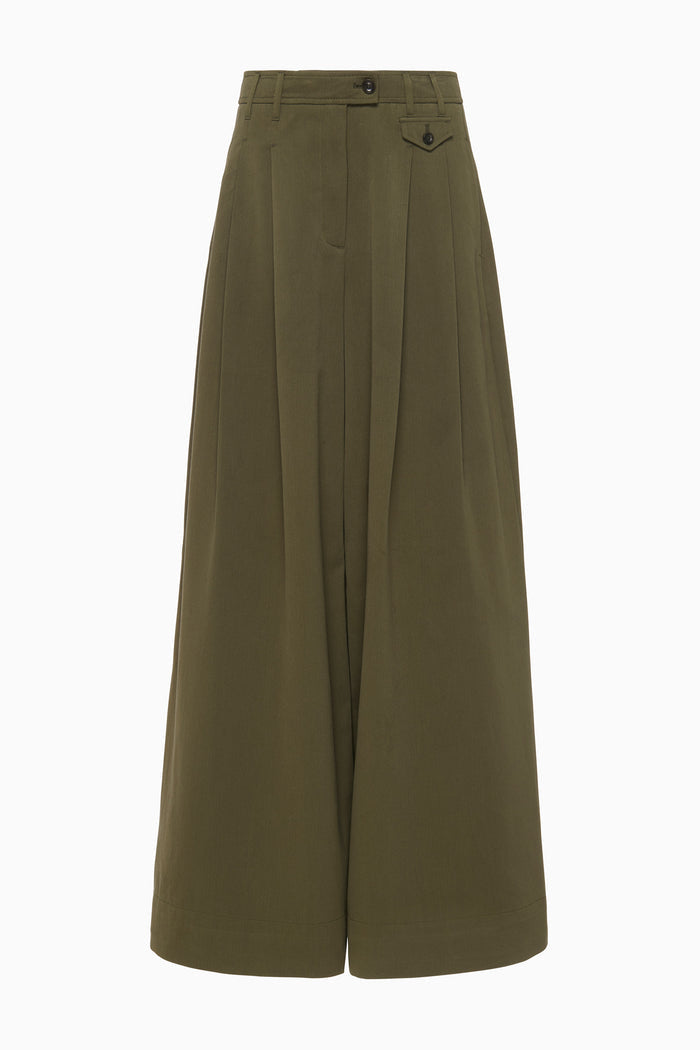 Olive Green Cotton Twill Wide Leg Trousers - Flat Lay Product View | Ulla Johnson