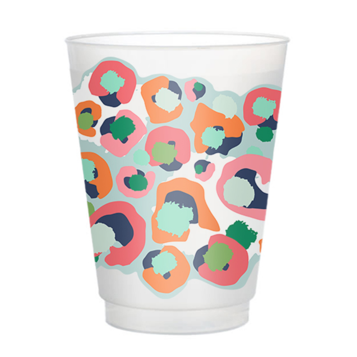 The 16 oz Multi Spot Cheetah Frosted Cups are ideal for party drinkware, showcasing an abstract pattern of colorful, irregular circles in pink, orange, green, and blue. The frosted shatterproof design resembles playful paint splatter or modern art style.