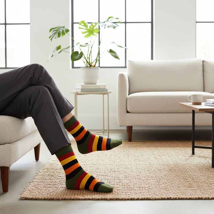 Olive Pine unisex socks showing full earthy olive and gold argyle pattern on white background