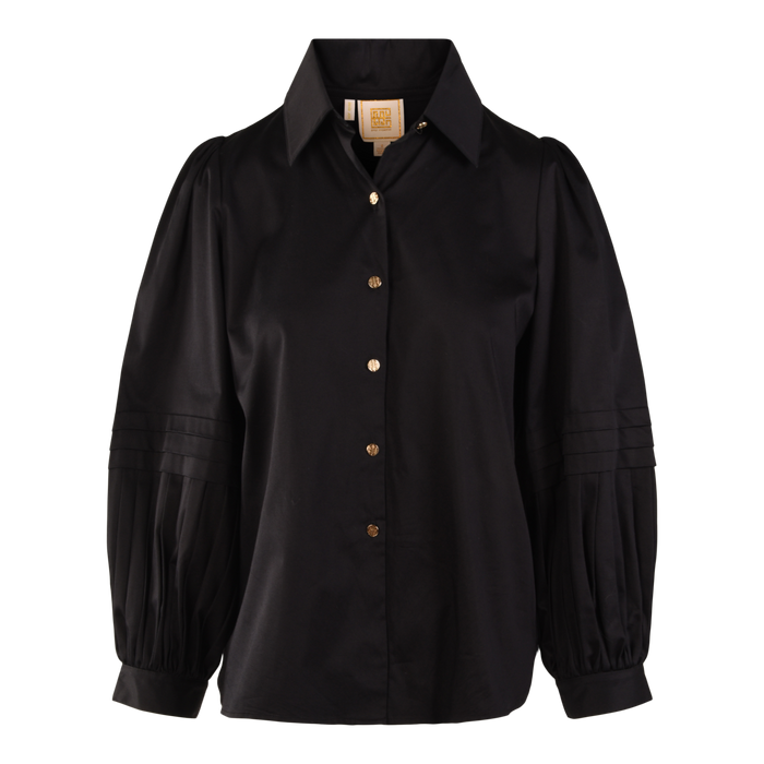 The Oxford is a black cotton poplin blouse featuring pleated long sleeves, a pointed collar, and gold buttons down the front. This button-up shirt offers a structured yet elegant design.