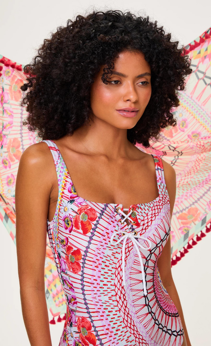 Pomegranate Square Neck One-Piece Swimsuit - Pink Mix