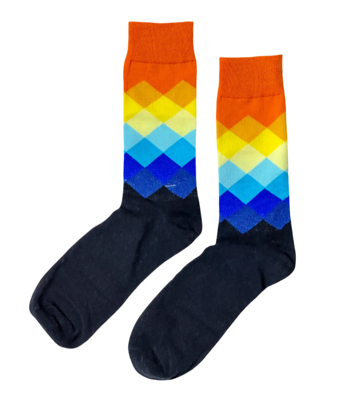 Prestige Sunrise socks close-up showing warm sunrise orange and gold stripe construction