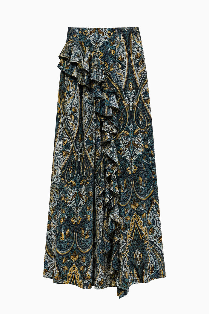 Riele Cascading Ruffle Silk Skirt - Prussian