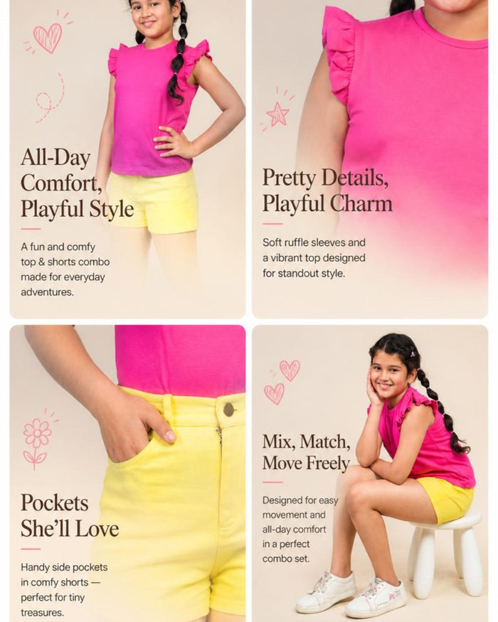 Shorts and Top Set for Girls – Yellow Pink