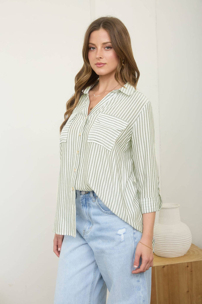 STRIPE COLLARED BUTTON DOWN LIGHTWEIGHT SHIRT