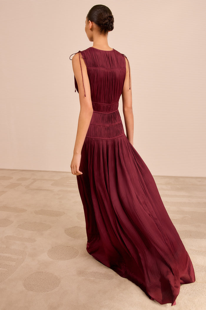 Claret Plissé Satin Tasneem Gown - Full Back View | Ulla Johnson