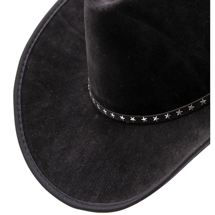 Close up of the star studded hat band on a black cowboy hat