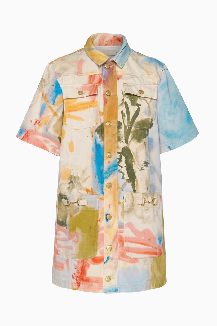 Painters Denim Mini Dress Western Dream, gold hardware & horse-bit detail - Flat Lay | Ulla Johnson